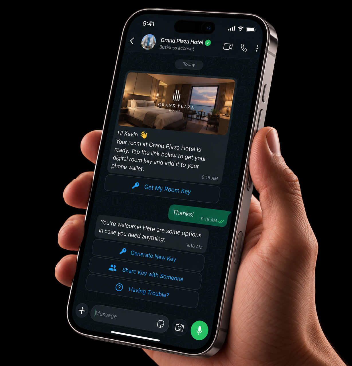 Hand holding an iPhone showing a WhatsApp room-key message from the hotel with a Get My Room Key button