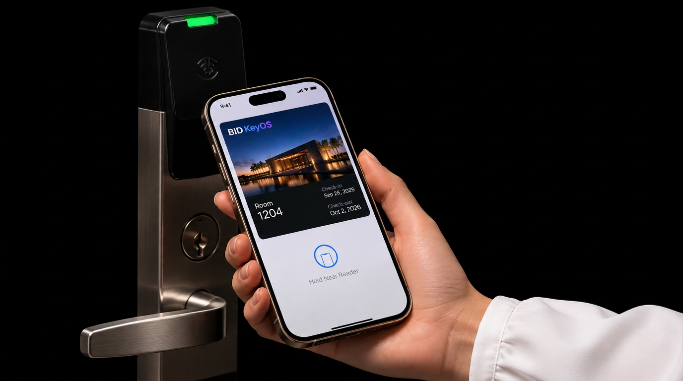 Guest holding an iPhone with a branded BID Key OS room key next to a hotel door lock