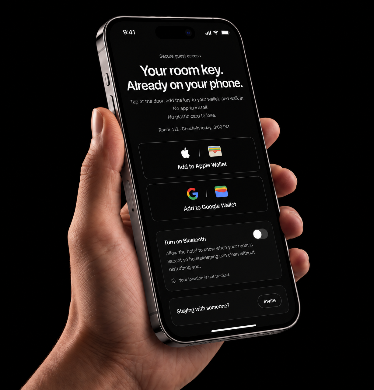 Hand holding an iPhone showing the BID Key OS secure claim page with Add to Apple Wallet and Add to Google Wallet